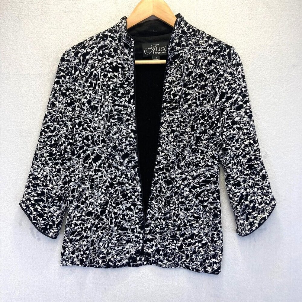 Alex Evenings Open Front Glitter Jacket Small S Black Silver Stretch Knit Topper